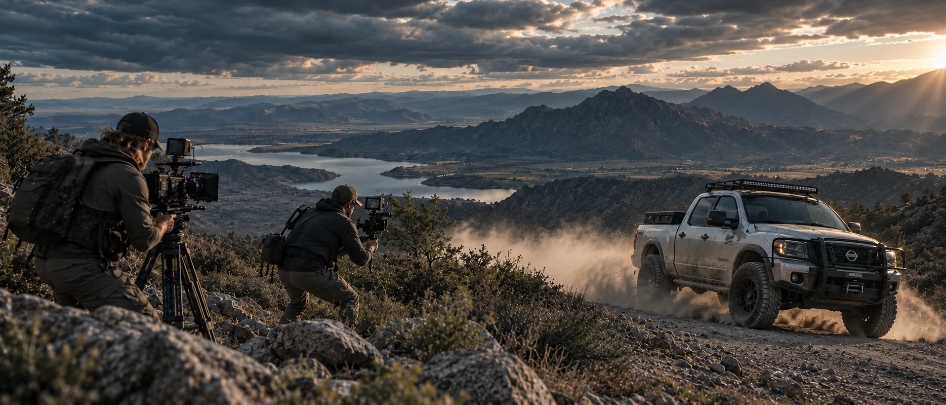 A camera crew filming an off-road pickup on a rocky desert trail, with mountains and a lake beneath dramatic sunset clouds.